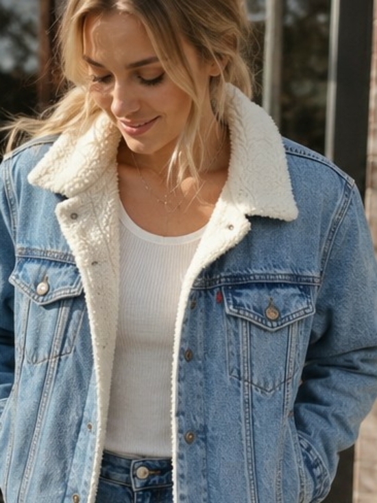 Levi's Jackets & Blazers - Levi's Light Blue Denim Sherpa Bomber Jacket with Cream Collar